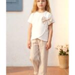 Fiyonklu Çizgili Fırfır Detaylı Kız Çocuk Takım