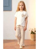 Fiyonklu Çizgili Fırfır Detaylı Kız Çocuk Takım