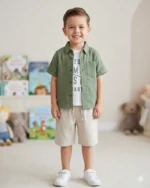 Keten Gömlekli Üçlü Kaprili Erkek Çocuk Takım