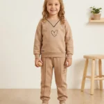 Kışlık Üç İplik Kalp Baskılı Kız Çocuk Takım