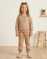 Kışlık Üç İplik Kalp Baskılı Kız Çocuk Takım