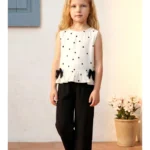 Puantiye Baskılı Keten Pantolonlu Kız Çocuk Takım